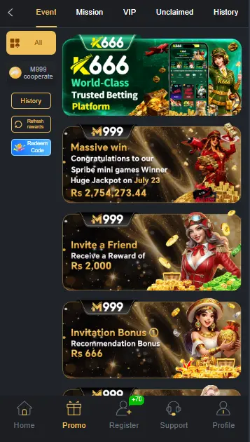 M999 Game referral bonus and daily rewards screenshot