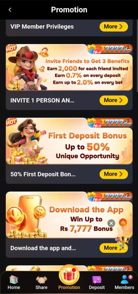 T7777 game referral bonus and daily rewards screenshot